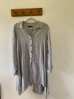 For Cynthia Striped Longline Asymmetrical Button-Up Shirt - Gray/White, L